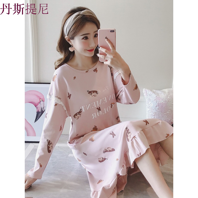 韩版睡衣女夏纯棉长袖清新学生可爱中长款睡裙家居服春秋季可外穿