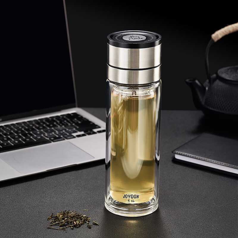 吉佑单手一键按压开盖玻璃杯双层车载茶水分离泡茶杯男士专用水杯JY9029高清大图