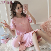 韩版睡裙女夏清新学生睡衣纯棉甜美可爱短袖宽松中裙可外穿秋冰丝