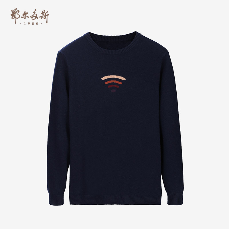 鄂尔多斯ERDOS 纯山羊绒圆领提花厚款男式羊绒衫针织衫毛衣