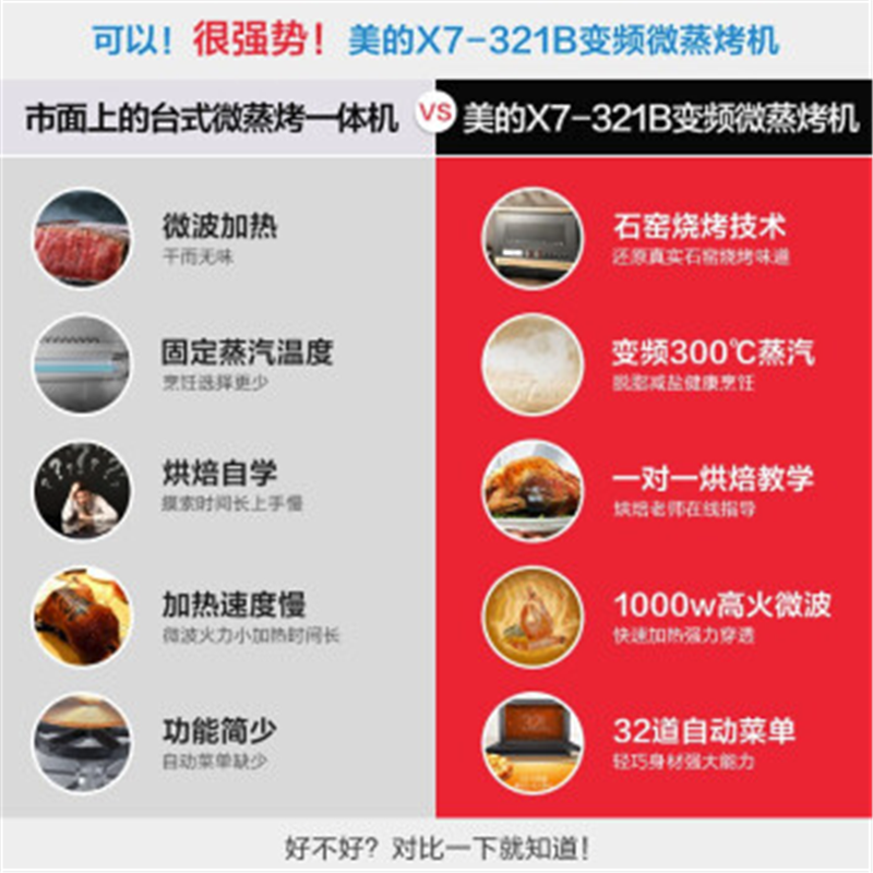 美的(Midea)微波炉X7-321B电蒸箱蒸立方电烤箱一体机32L 变频旋钮式控制方式 1级能效 下拉门旋钮式