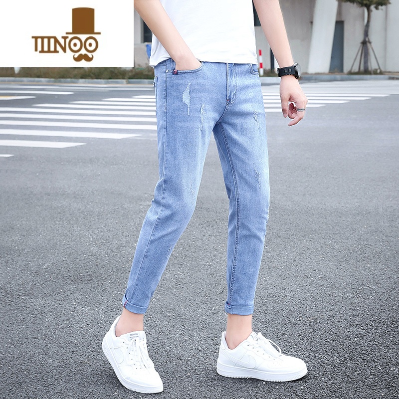 YANXU夏季九分牛仔裤男士韩版修身小脚裤潮牌款男款夏天破洞男裤子高清大图