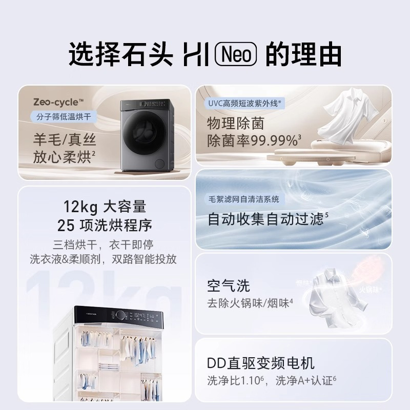 石头洗衣机 石头分子筛12KG洗烘一体家用全自动滚筒洗衣机H1Neo 除菌 冰川白