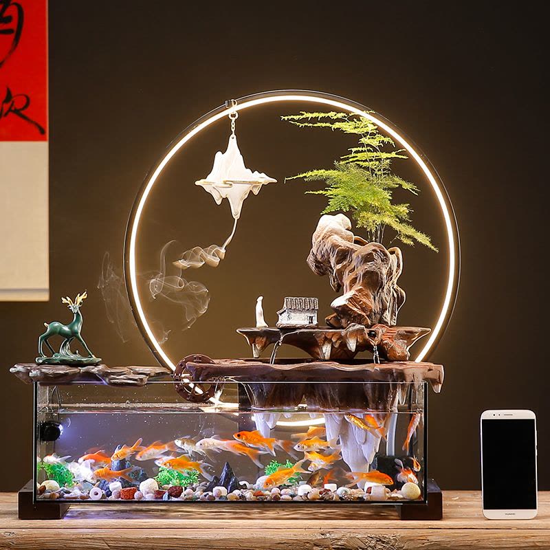 创意免换水生态玻璃鱼缸造景假山流水摆件循环水客厅办公室装饰品图片