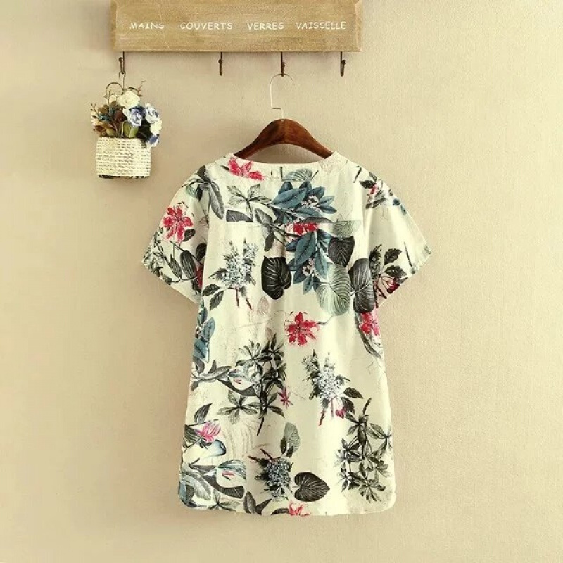 加肥大码夏季中老年女装胖妈妈宽松棉麻短袖T恤印花衬衫上衣200斤