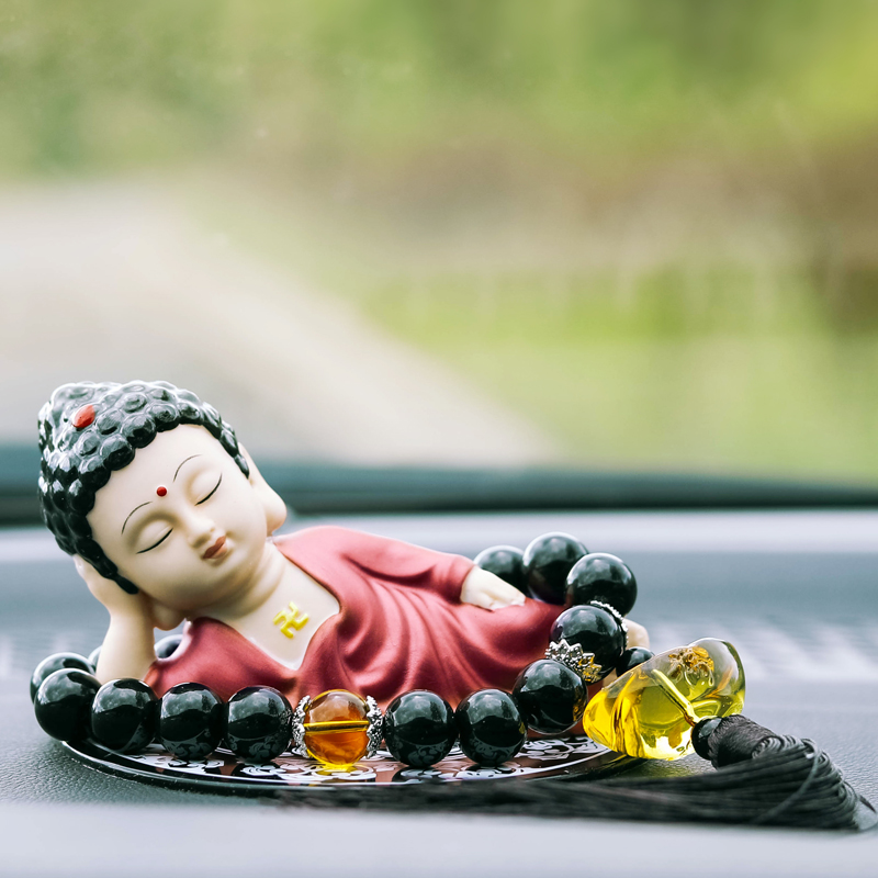 弥勒佛像汽车摆件创意车内香水用品陶瓷车载中控仪表台个性装饰品收纳袋 三维工匠 卧佛如来（黄色）香水座升级版