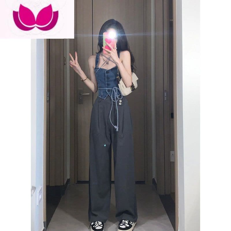 七斓夏季轻熟风女装港味御姐纯欲风辣妹牛仔吊带上衣阔腿裤套装女图片