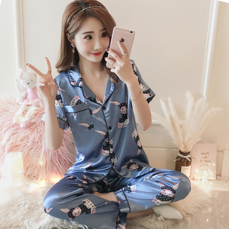 冰丝睡衣女夏套装短袖长裤两件套加肥加大码胖mm薄款丝绸家居服女 短