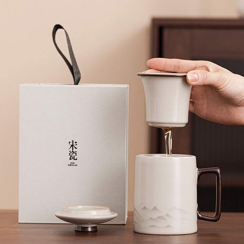汝窑茶杯陶瓷米黄泡茶杯水墨远山带盖过滤水杯-黄汝窑(远山)龙雀杯-简装200ml-400ml高清大图