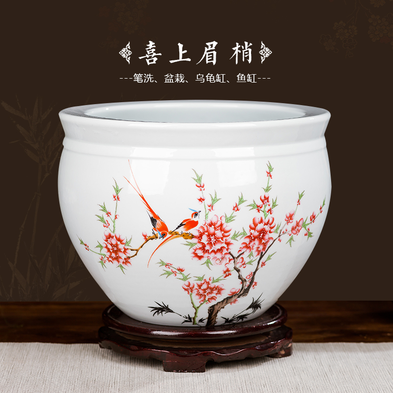 景德镇陶瓷器小鱼缸睡莲盆碗莲乌龟缸水族笔洗养鱼盆缸工艺品摆件 三维工匠 中号富贵四季+木底座高清大图