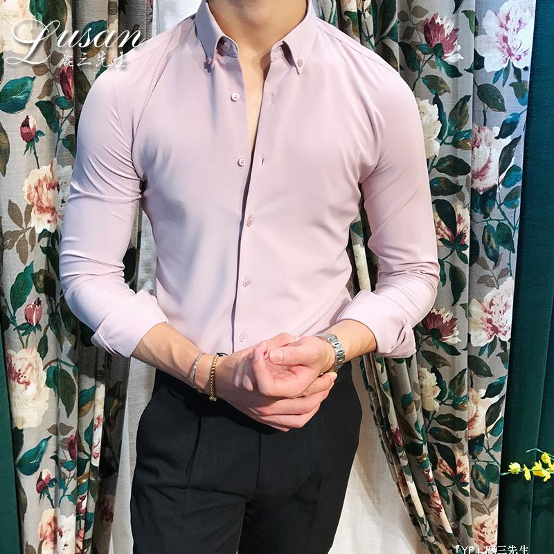SUNTEK男士衬衫长袖黑色薄款休闲修身潮流英伦风伴郎服潮兄弟装衬衫高清大图