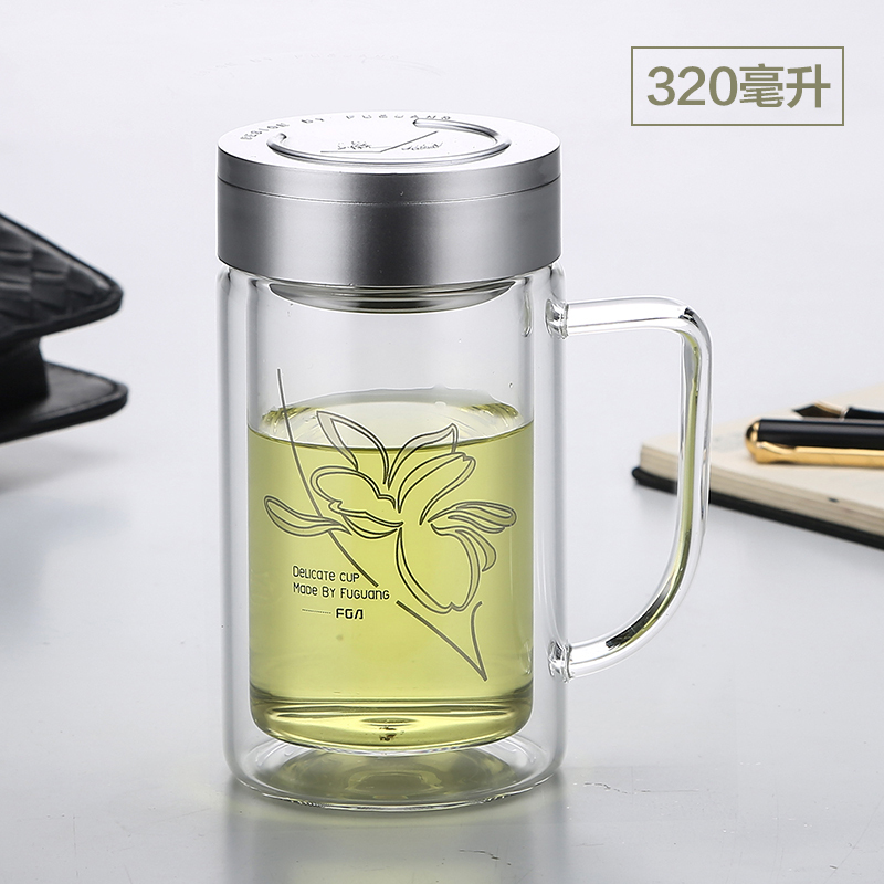 富光(FGA)玻璃杯双层便携水杯男女大容量家用泡茶杯子透明带盖过滤茶杯