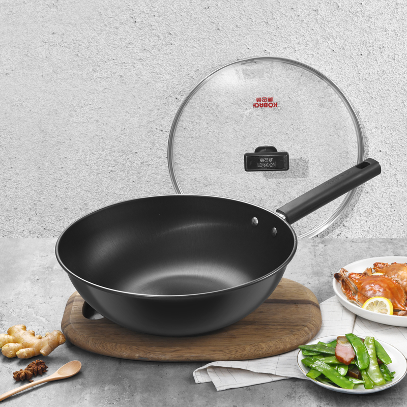 康巴赫坚玖平底铁锅32cm炒菜锅家用防锈无涂层锅电磁炉不粘锅炒锅电磁