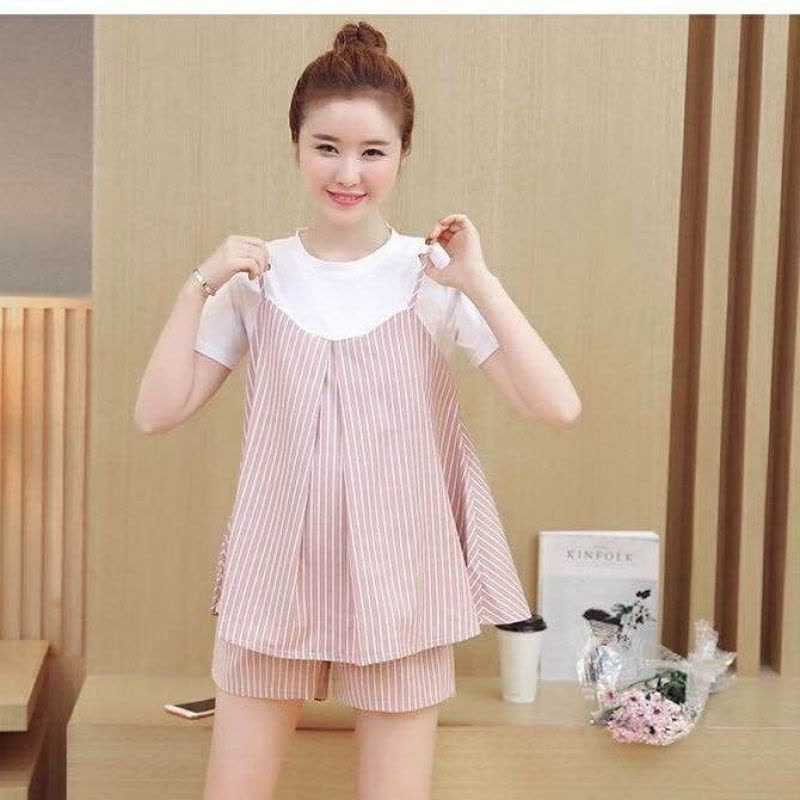 辞梅 孕妇套装条纹时尚孕妇装夏款百搭潮妈短袖假两件套图片