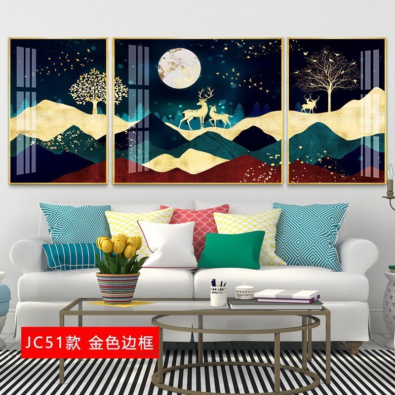 欧式客厅装饰画沙发背景墙三联画美式轻奢挂画简约大气壁画油画 jc51（金色边框） 30*50cm三联套装（建议2_689