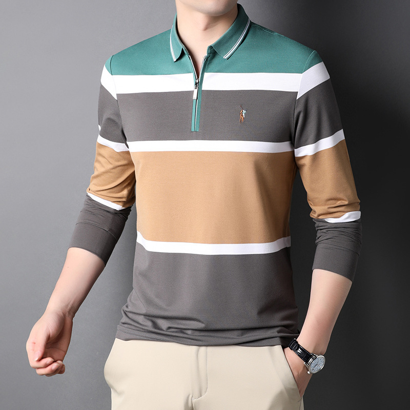 春秋时尚潮牌翻领拉链长袖t恤男休闲宽松刺绣条纹男士polo衫