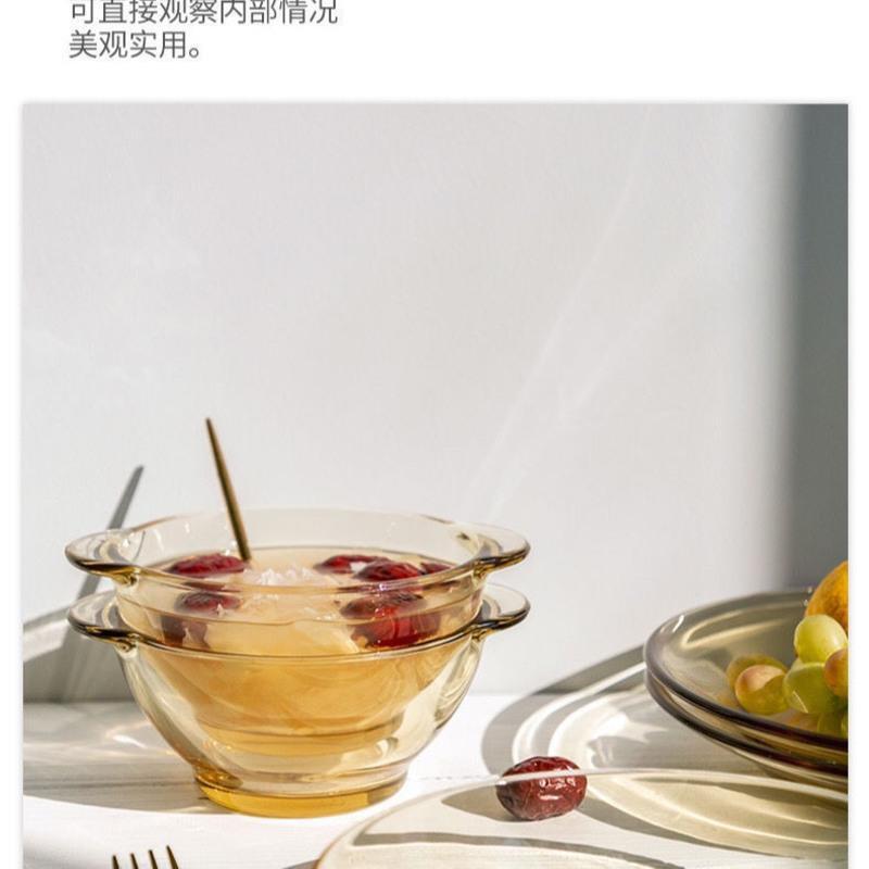 玻璃盘*1 北欧茶色耐热玻璃碗盘双耳碗圆盘花纹盘高硼硅