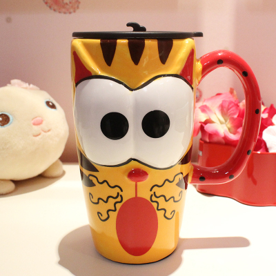 仟度彩绘陶瓷杯创意可爱马克杯带盖带勺咖啡杯大容量卡通水杯茶杯桔色