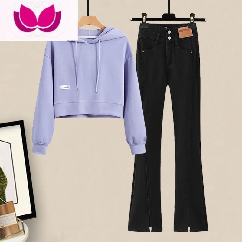 七斓可盐可甜炸街套小个子穿搭减龄短款卫衣微喇叭牛仔裤套装女春高清大图