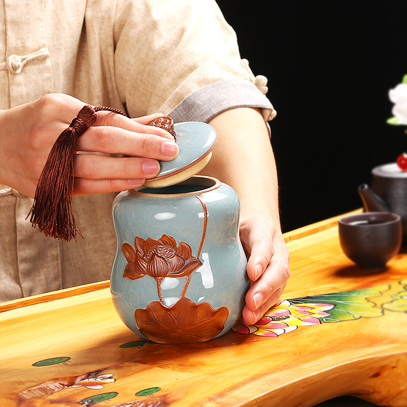 尚帝(shangdi)龙泉青瓷茶叶罐高密封哥窑储存罐普洱醒茶罐哥窑茶具陶瓷罐 大号浮雕荷花茶罐
