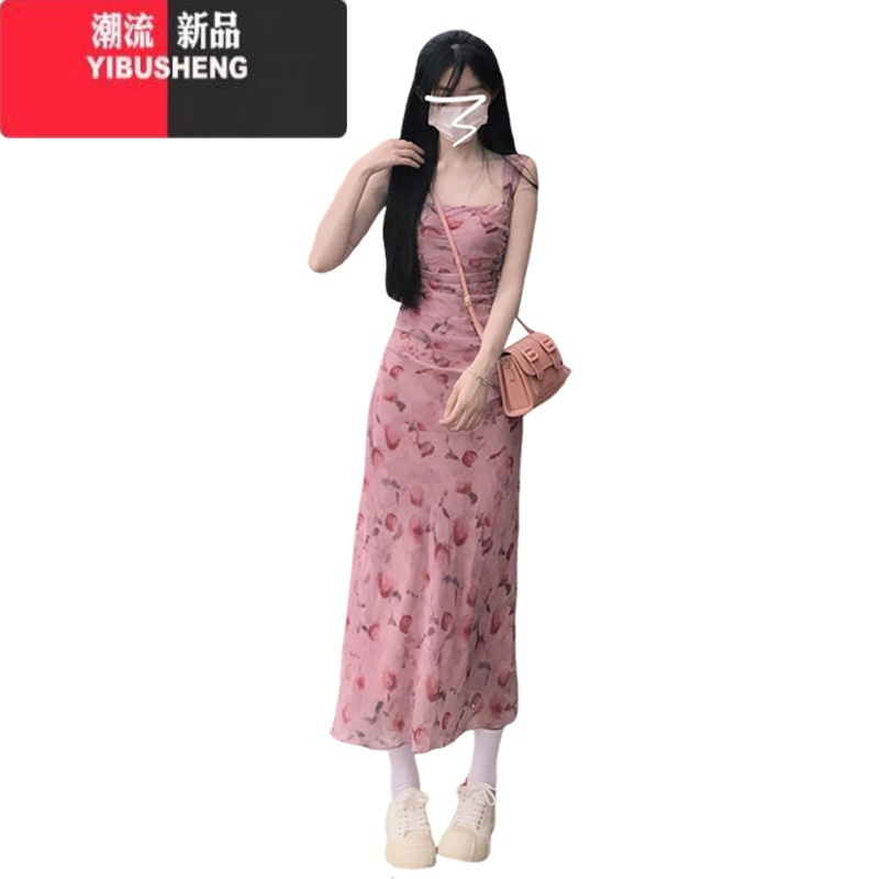 YIBUSHENG粉色吊带碎花连衣裙女季2024新款仙女气质修身显瘦收腰长款裙子