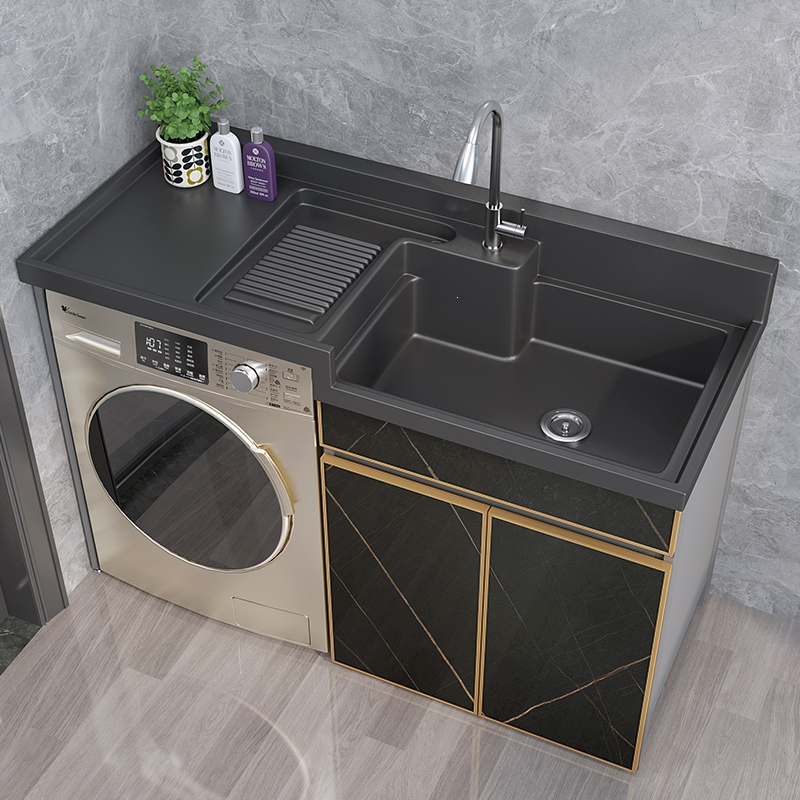 符象大理石石纹洗衣机柜组合阳台太空铝滚筒伴侣带搓板高低盆洗衣池槽