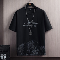 短袖套装男士夏季韩版新款时尚潮流印花短裤青少年两件套_1 3XL 雪山黑色T恤