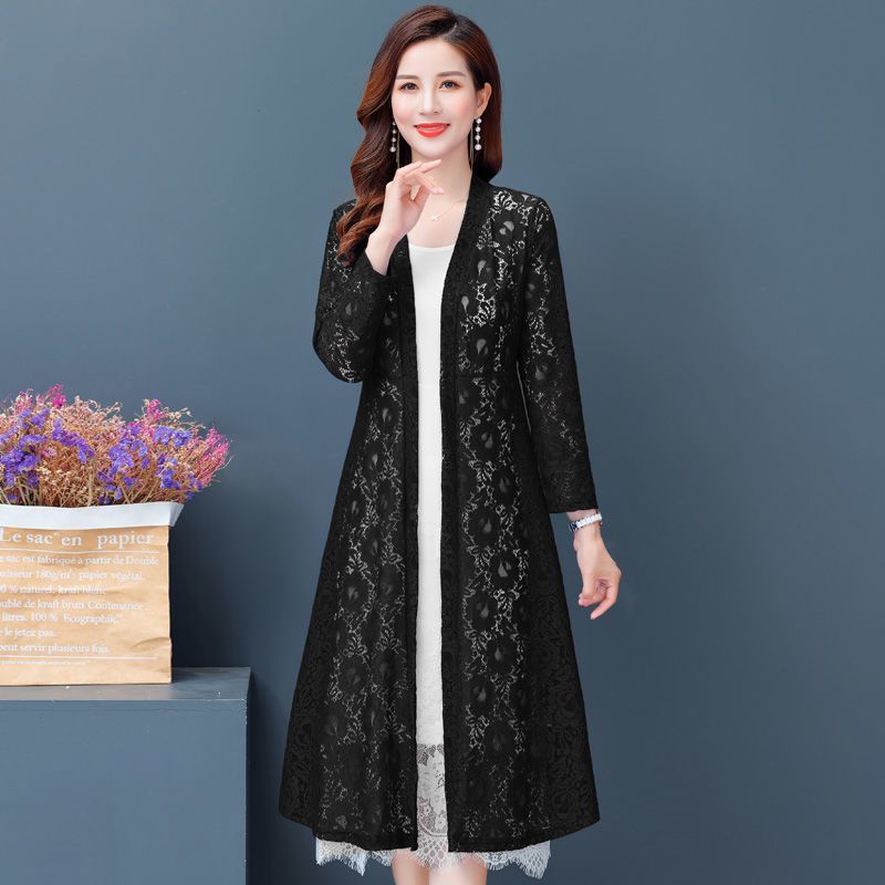 蕾丝外套女中长款防晒衣夏季披肩长外搭宽松大码外披中年妈妈上衣黑色