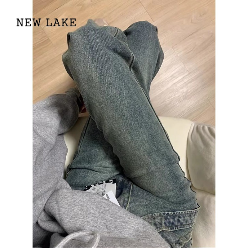 NEW LAKE复古设计感毛边微喇叭牛仔裤女春季高腰辣妹拼接弹力显瘦拖地长裤