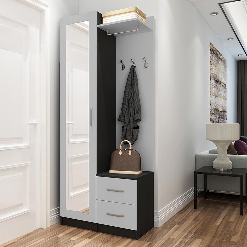 鞋柜现代简约厅柜挂衣架客厅隔断玄关柜储物柜衣帽柜带穿衣镜子 【黑色+灰】80cm长-镜子在左组装