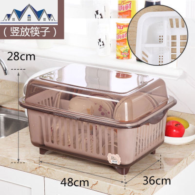 装碗筷收纳盒特大厨房家用带盖放碗箱碗盘沥水碗架全翻盖塑料碗柜_1_828 升级大卡其【竖放筷子】送洗碗巾建议5-6人使用