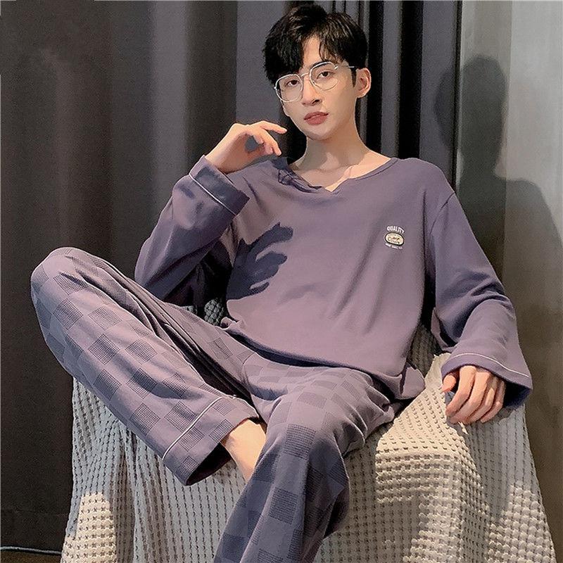 男士睡衣长袖春秋季新款圆领加大码宽松高档家居服套装男高清大图