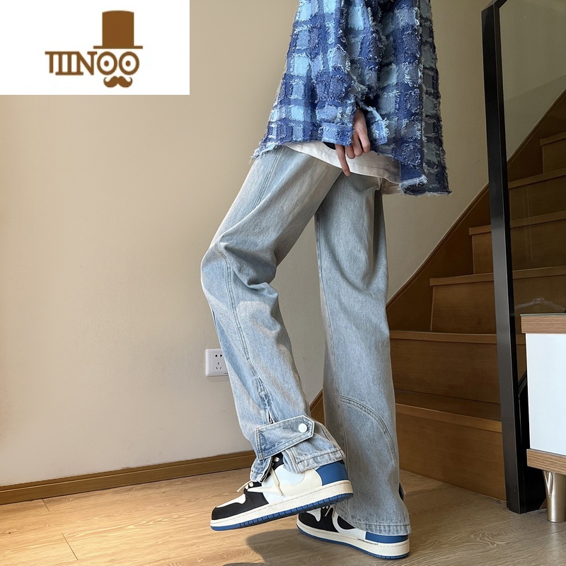 YANXU欧美高街vibe裤子潮牌夏季美式复古浅蓝色牛仔裤男修身开叉微喇裤
