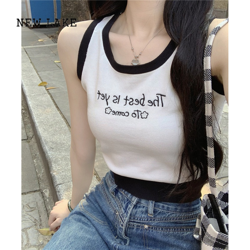lake辣妹穿搭刺绣针织吊带外穿无袖上衣女夏季短款修身内搭运动小背心