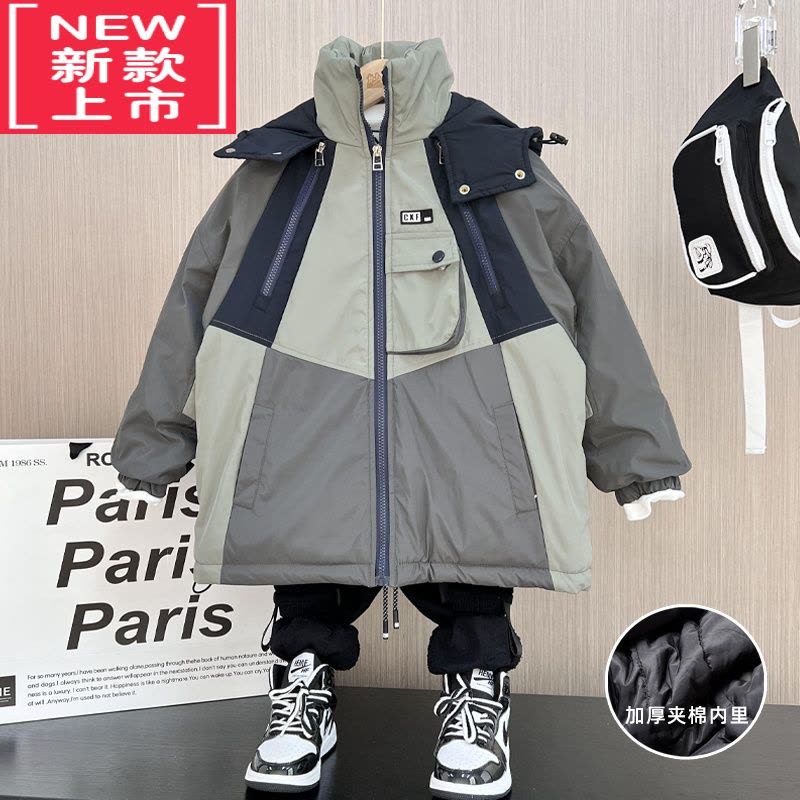 可莉允男童拼接工装外套冬装棉服儿童加绒冲锋衣韩版中大童加厚棉衣夹克图片