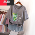 YIBUSHENG300斤V领短袖t恤女季宽松潮ins美式大码oversize半袖上衣i L推荐100-120斤 灰色