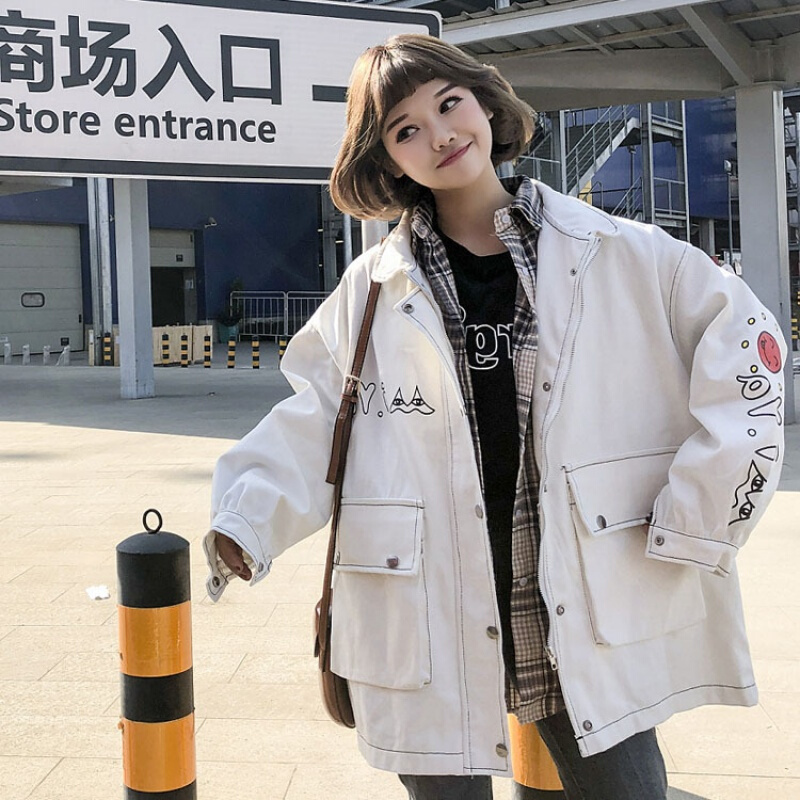 牛仔外套女春秋装2018宽松学生韩版bf原宿风卡通印花工装夹克