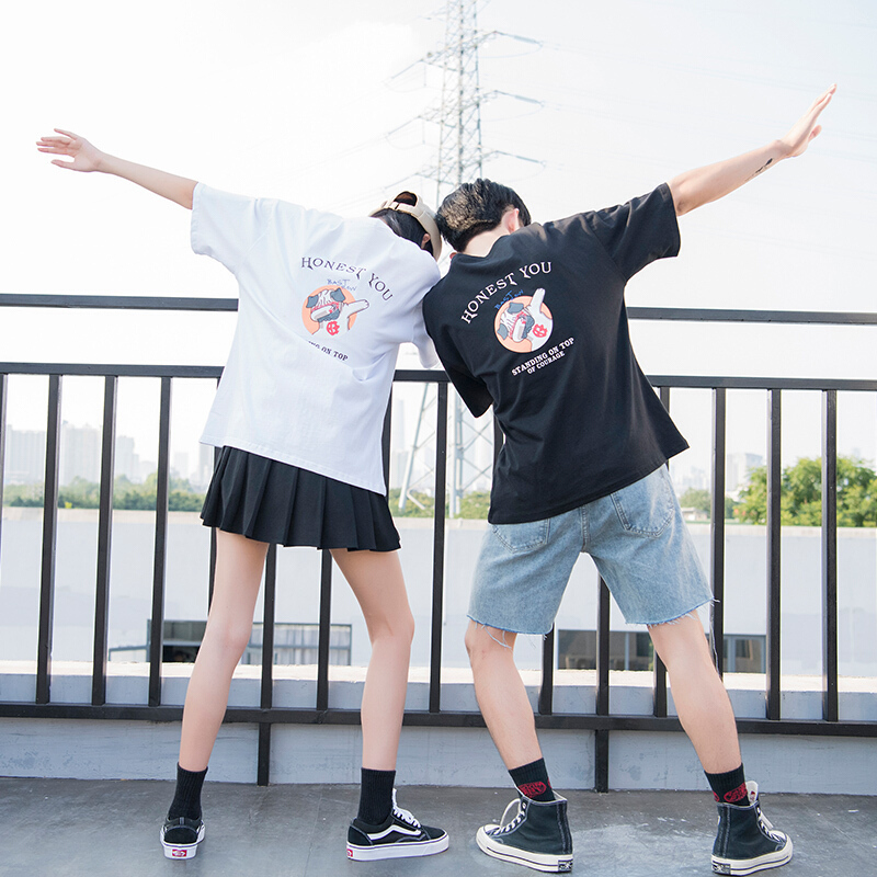 情侣装夏装2018新款韩版宽松百搭男女学生棉五分袖T恤圆领上衣