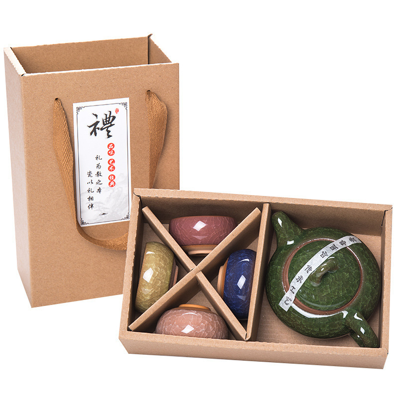 华普思陶瓷功夫茶具套装整套小礼品茶水分离礼盒茶礼盒 三彩一壶两杯[普通盒]高清大图
