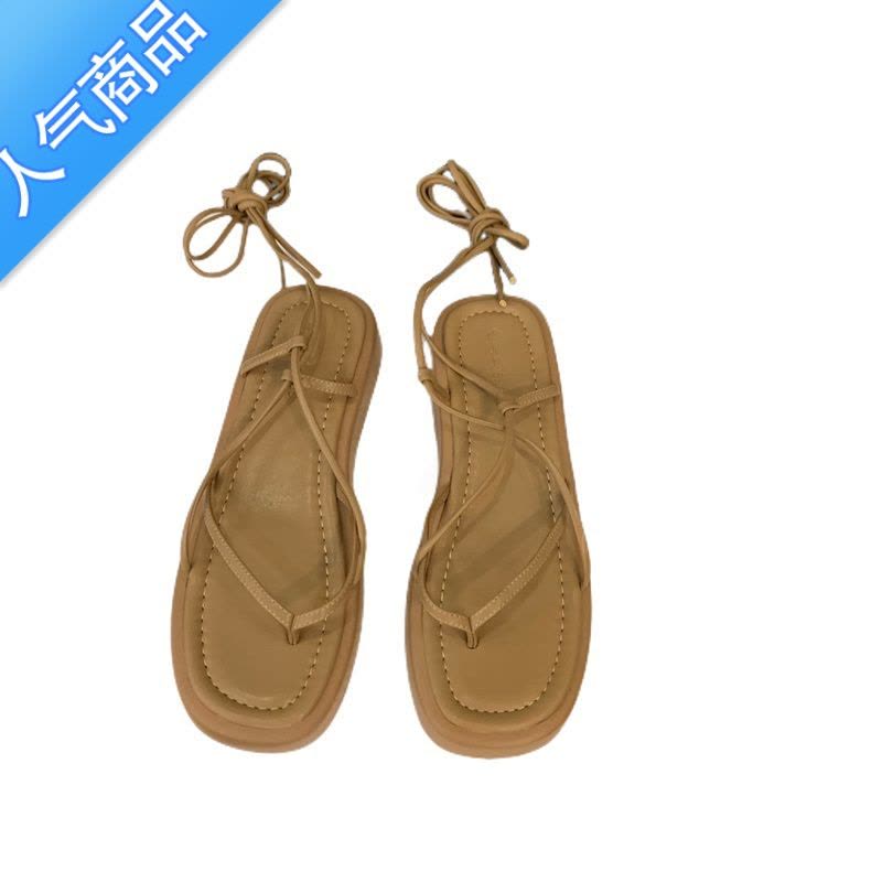 SUNTEK厚底夹趾细带凉鞋仙女鞋子2023年新款夏季小众复古绑带沙滩罗马鞋图片