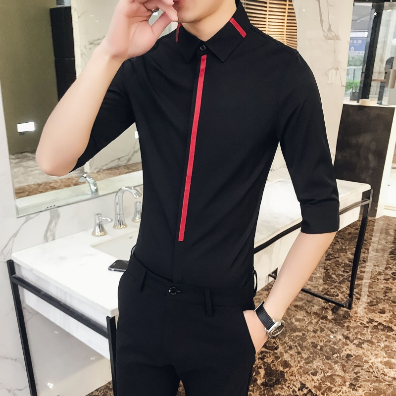 夏季年轻型男餐厅员男士修身七分袖衬衫免烫韩版中袖寸衣制服