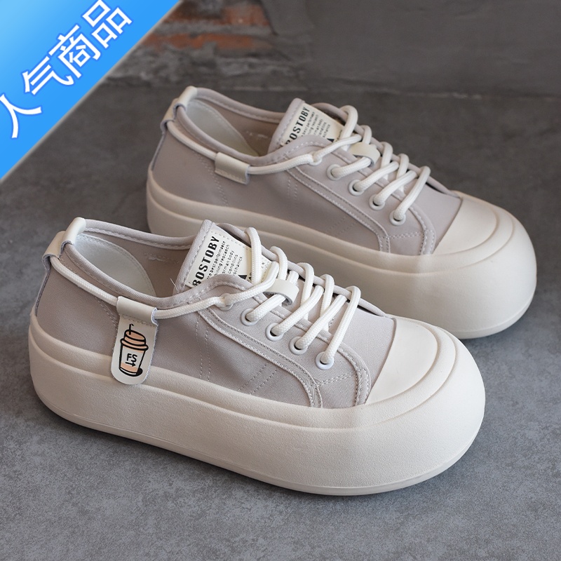 SUNTEKHO小众丑萌大头面包鞋女2023新款圆头厚底百搭休闲透气帆布鞋高清大图