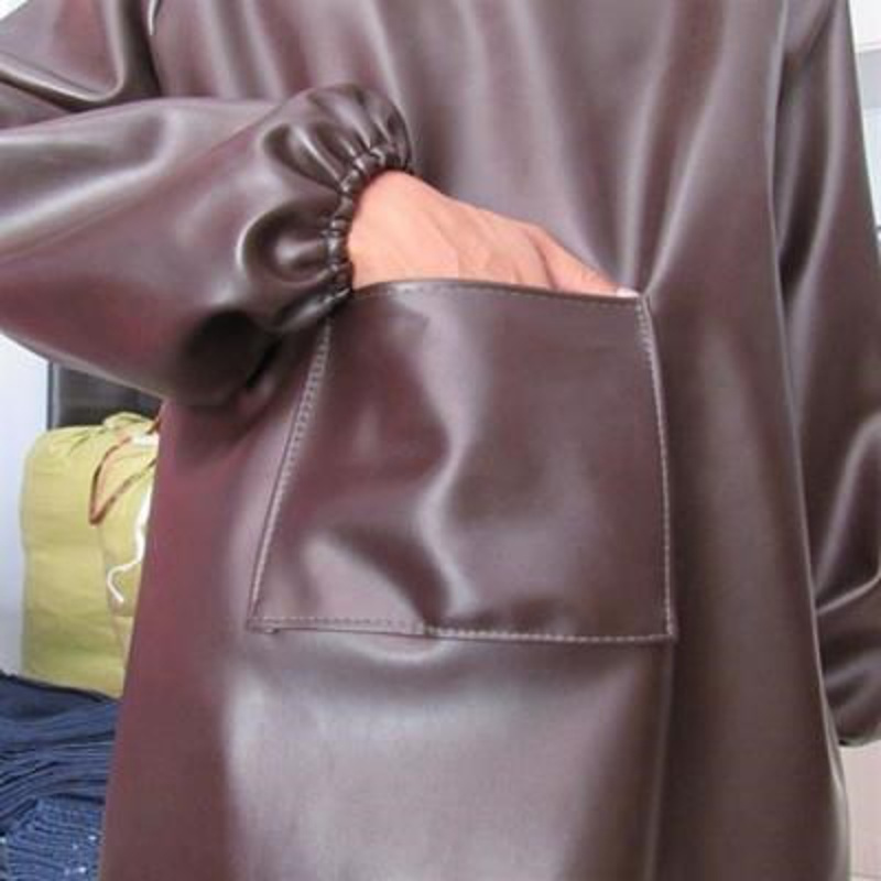 棕色 小号85cm 防水防油成人软P罩衣厨房长袖围裙皮革耐酸碱加大加厚工作服