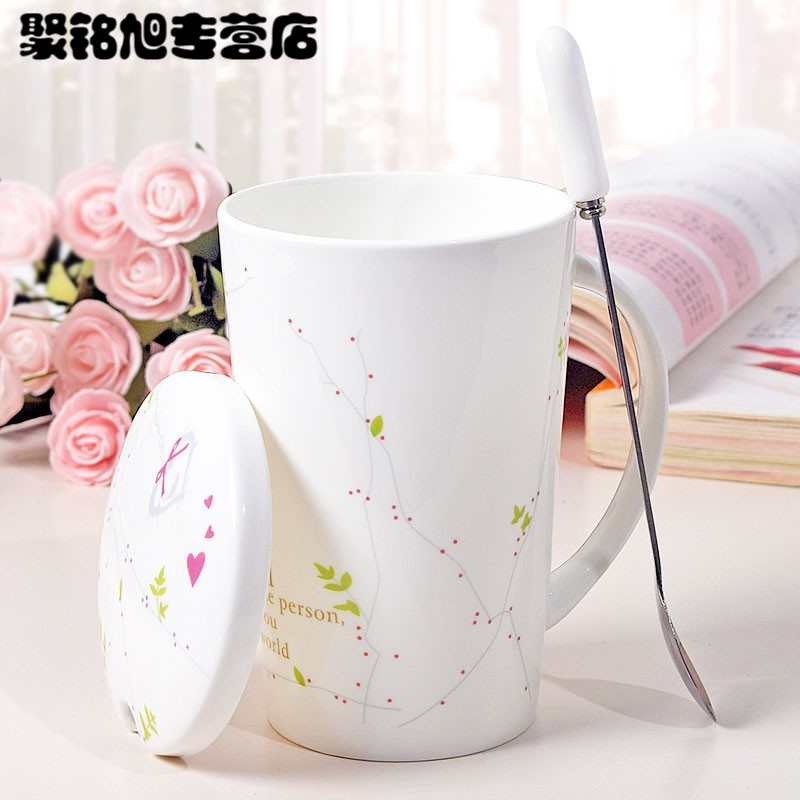 家用骨瓷马克杯子陶瓷茶杯喝水杯带盖勺办公室咖啡杯大容量创意瓷杯家用喝水杯子新款创意杯子喝水杯家用陶瓷杯