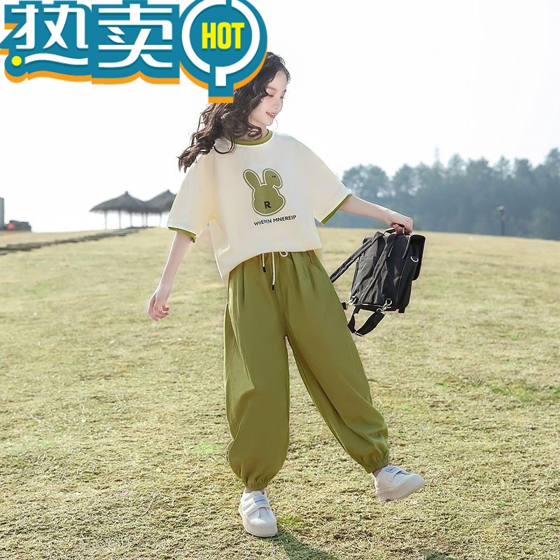 绿彩虹光女童运动套装夏装2023新款洋气儿童夏季中大童12岁女孩15潮两件套
