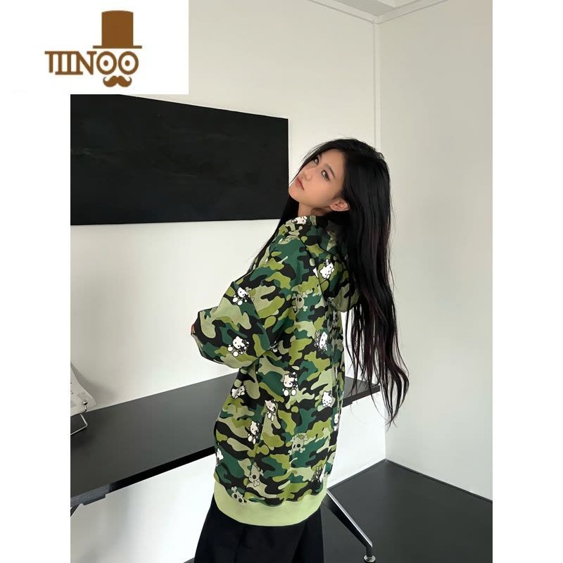 YANXUBKCC美式街头满印迷彩外套猫咪印花连帽卫衣男女款情侣百搭潮图片