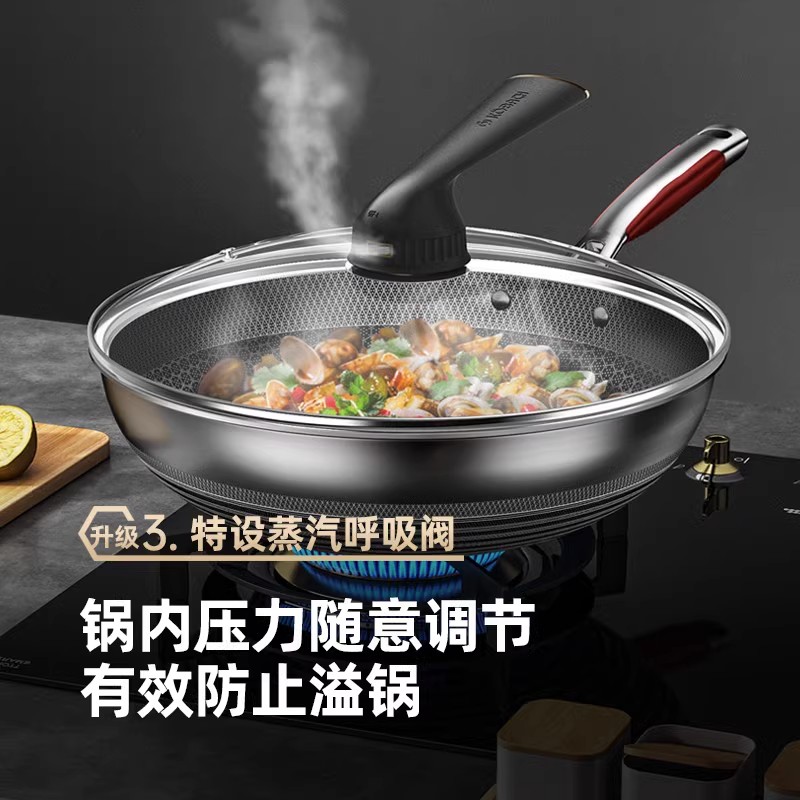 康巴赫五代蜂窝不粘锅家用抗菌不锈钢炒锅电磁炉燃气灶专用炒菜锅 32CM高清大图