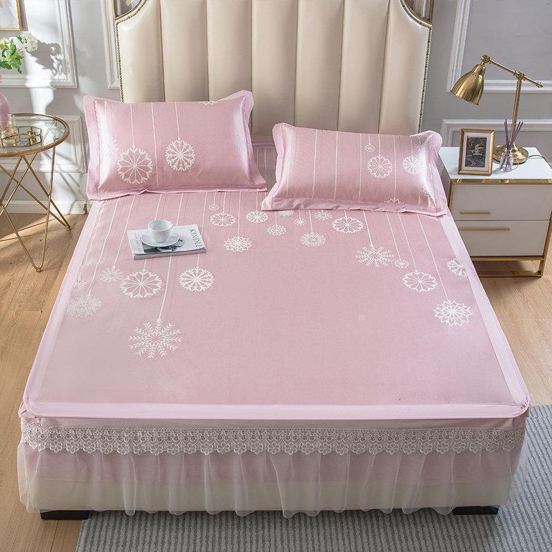 美帮汇床裙款冰丝凉席夏季冰凉丝滑1.5米1.8m床可水洗折叠软席子三件套2 奥裕-公主风提花床裙款凉席(雪绒花-嫩粉) 1.8m（6英尺）床