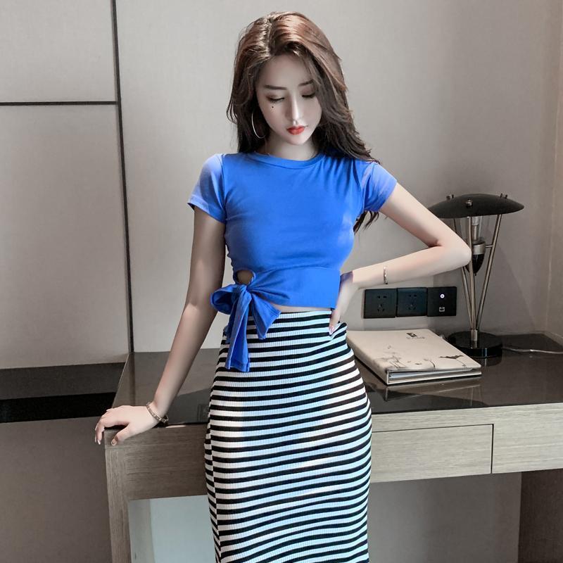 时尚百搭性感上衣女短袖系带蝴蝶结修身棉T恤+条纹包臀鱼尾半身裙 白色上衣(单件) 均码
