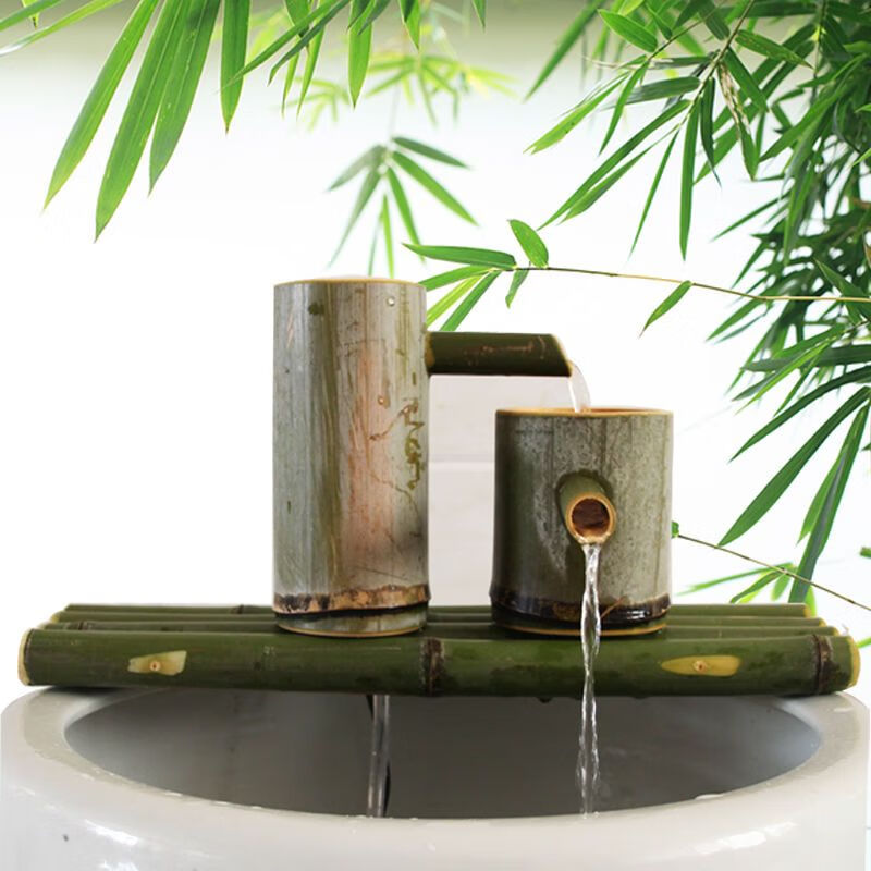维诺亚竹子流水器循环鱼缸陶瓷石槽循环流水摆件竹筒增氧加湿过滤器摆件高清大图